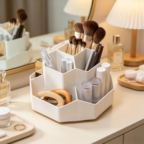 360° Rotating Makeup Brush Holder Organizer with 9 Slots, Makeup Organizers Countertop, Cosmetic Storage for Vanity Desktop Bathroom (White)