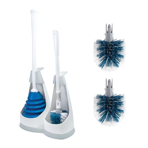 Unger EZ No-Drip Combo Toilet Brush and Plunger with 2 Replacement Scrubber Heads – Bathroom Cleaning Tools for Home & Business, Convenient Discreet Accessories Set