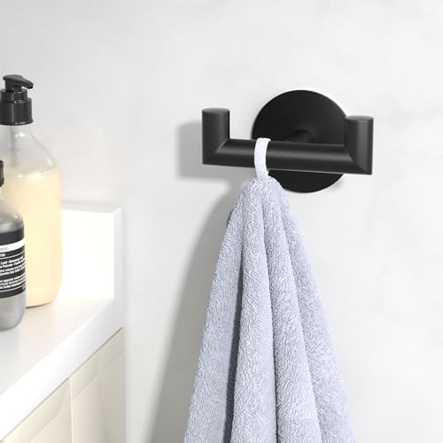 GWAAZXGZ 2 Pack Black Bathroom Hooks for Towels, Robes, Coats, Shower Use | Self-Adhesive, Stainless Steel, Rust Resistant, Double hooks, Easy Install, Space Saving - color: Black