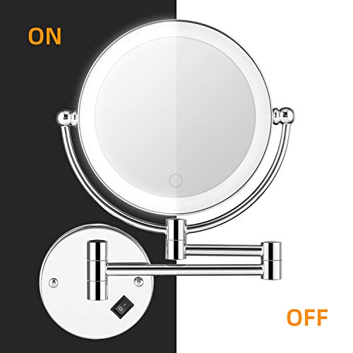 8" Wall Mounted Lighted Makeup Mirror, Double-Sided 1X/5X Magnifying Vanity Mirror with 3 Color LED Lights, Stepless Dimming Touch Control, 360° Swivel & Extendable Arm, Plug-in Powered, Chrome