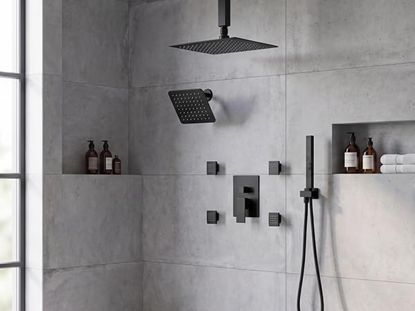 Shower System with Body Jets, Bostingner Four Modes Shower Faucet Sets with Handheld Spray 2 Ways, 4Pcs Shower Body Jets in Wall,10"+6" Rain Shower Head, Matte Black Shower Sets Complete - color: Matte Black, size: 6+10 inch