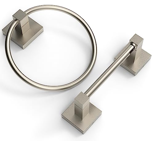 RUACQ Brushed Nickel Toilet Paper Holder & Towel Ring, Bathroom Accessories | 2-Piece Bathroom Hardware Set, Pivoting Tissue Roll Holder, Hand Towel Ring, Square Base, 304 Stainless Steel, Wall Mounted - color: Brushed Nickel, size: 2pcs