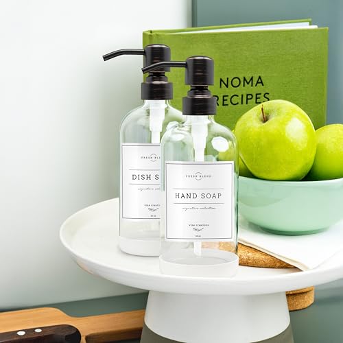 Vine Creations Clear Glass Soap Dispenser, 2 Pack Kitchen Soap Dispenser Set with Stainless Steel Pump, 16 oz Dish Soap and Hand Soap Dispensers for Bathroom with Waterproof Labels - color: Clear Bottle / Round Oil Rubbed Bronze Pump
