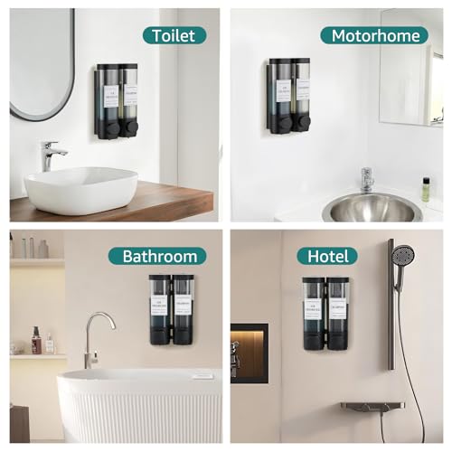 Wall Mounted Shower Soap Dispenser 2 Chamber No Drill Shampoo Dispenser | Shower Dispenser for Bathroom Hotel Leak-Proof Pumps ,Large Capacity ,Black - color: 2black