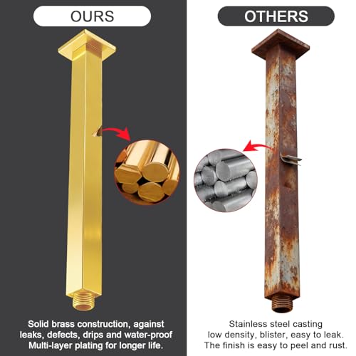 Enga Brass 12 Inch Ceiling Mount Shower Arm and Flange, Square Rain Shower Head Arm, Bright Gold - color: Polished Gold, style: 12 Inch