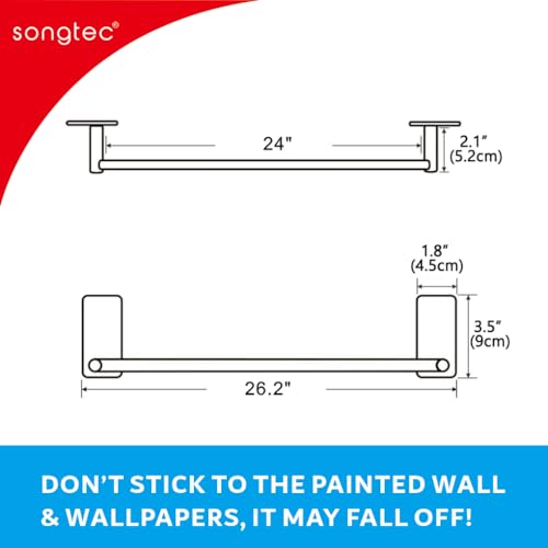 Adhesive Bath Towel Bar 24-inch Black, No Drill Stick On Towel Rack, Easy Install with Self-Adhesive, Premium SUS304 Stainless Steel (Black, 24) - color: Black, size: 24-Inch