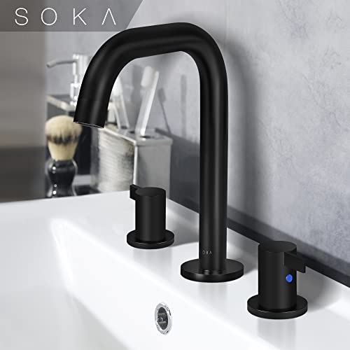 SOKA 8-16 Inch Widespread Bathroom Faucet 2 Handles Matte Black Commercial Sink Touch 3 Pieces Vanity Lavatory 360 Degree Rotating Faucet Pop Up Drain Assembly - color: Matte Black, size: 8" Gooseneck