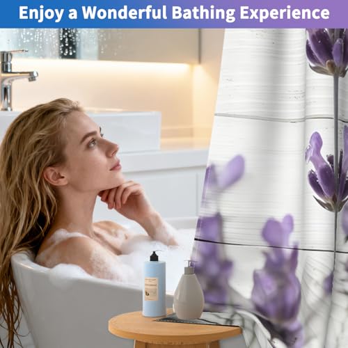 No Hook Lavender Shower Curtain with Liner, Bathroom Hook-free Shower Curtain and Snap in Liner Set, Farmhouse Bathroom Waterproof Shower Curtains with Sheer Top Window and Weighted Hem, 71x74 Inches - color: Dewy Lavender