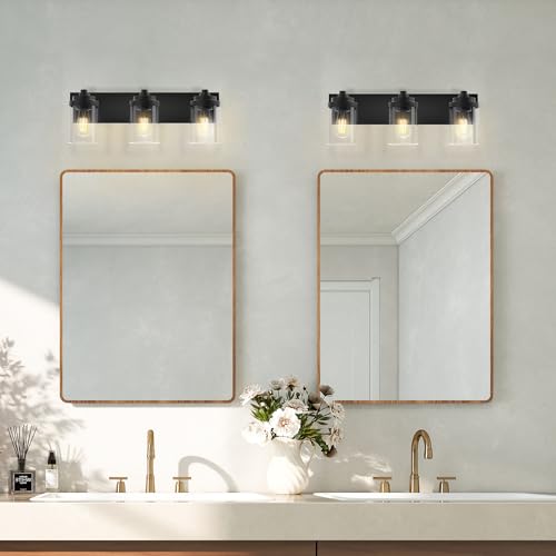 Bathroom Vanity Light, 3-Light Modern Black Vanity Light Fixtures with Clear Glass Shade, 22in Matte Black Bathroom Light Fixtures Over Mirror, Rustic Restroom Lighting Fixtures - color: Black, size: 3-Light