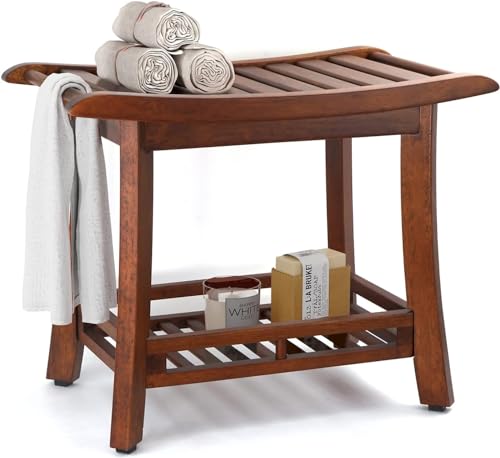 RANDEFURN 24“ Teak Shower Bench with Shelf,Teak Wood Shower Stool,Waterproof Wood Shower Chair for Elderly,2-Tier Wooden Shower Seat Spa Stool for Indoor and Outdoor Use.(24 x 13.4 x 18.3in, Brown)