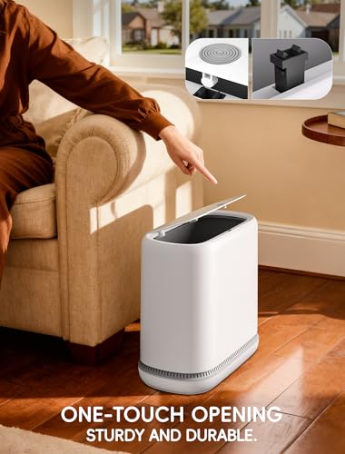 Dog Proof Small Bathroom Trash Can with Lid, Slim Press Top Garbage Can, Narrow White Plastic Waste Basket, for Bathroom Bedroom Office 3.1 Gal with 5 Rolls 75 Trash Bags