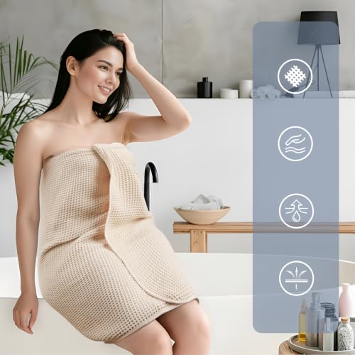 POLYTE 430 GSM Poly Blend Microfiber Waffle Bath Sheet XL Set, 35x70 in | 2 Pack, Oversize, Lint Free, Quick Dry - color: Light Beige, size: 35 x 70 in