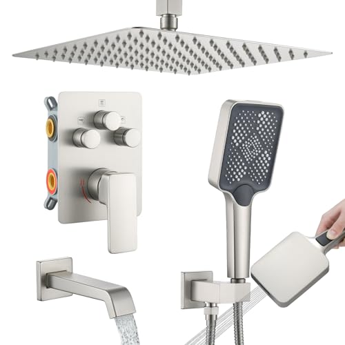 Bathtub Shower Faucet Set with Pressure Balance Valve, 12" Ceiling Mount Shower System with Tub Spout Multi-function Handheld Head Push Button Diverter Shower Trim Kit, Brushed Nickel - color: Brushed Nickel, style: 12"-Square-Tub-01