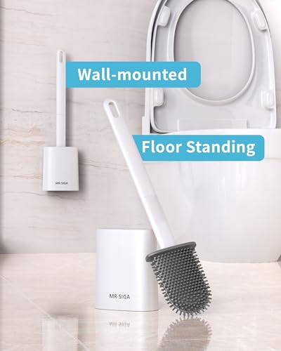 MR.SIGA Toilet Brush and Holder Set, Wall Mounted Toilet Bowl Brush, White | Space saving design, flexible thermoplastic rubber bristles, easily cleans hard to reach areas, pack of 2 - color: White