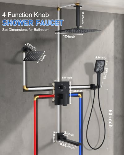 Woindo 4 Function Shower Faucet Set 12" Rain Shower Head/6'' Side Shower Head and 3 Setting Handheld Ceiling Mount Push Button Diverter Complete Rainfall Round Shower System Included Valve Trim Kit - color: Matte Black, style: 4-Function-Ceiling
