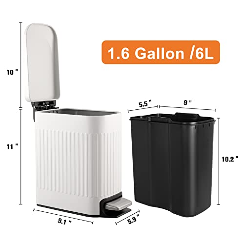 TrashAid Slim Bathroom Trash Can with Lid Soft Close & Pedal, 1.6Gal, White | Removable Inner Bucket, Stainless Steel Garbage Can, Small Wastebasket for Toilet/Office/Bedroom, Retro Design, Odor Control - color: White