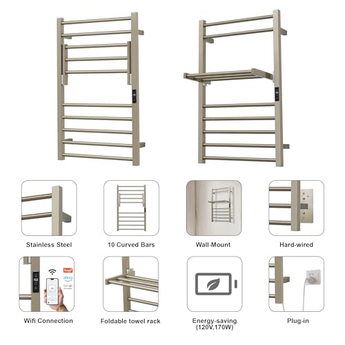 Heated Towel Warmer Rack Electric Bathroom with Voice Control Alexa & Google Home,TUYA Wall-Mounted,Stainless Steel,31.5x19.69x11.61in,Foldable Storage,Plug-in,Brushed Nickel,10 Bars - color: Bruched Nickel With Wifi & Shelf