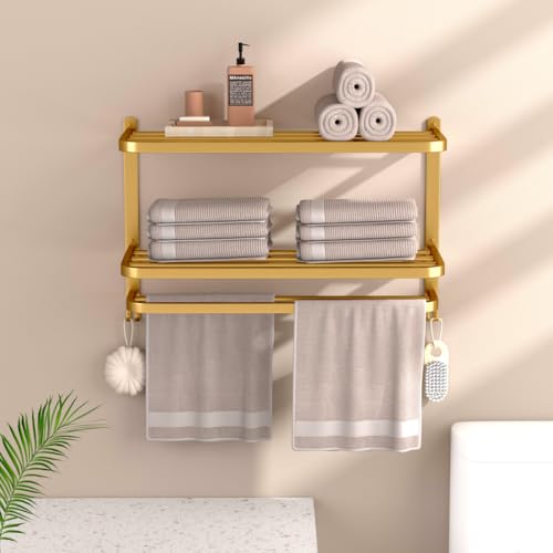 23 Inch 3-Tier Gold Towel Racks for Bathroom with Towel Bars Multilayer Hotel Towel Shelf Stainless Steel Wall-Mounted Brushed Finish Holder with Towel Shelves - color: Gold 3t