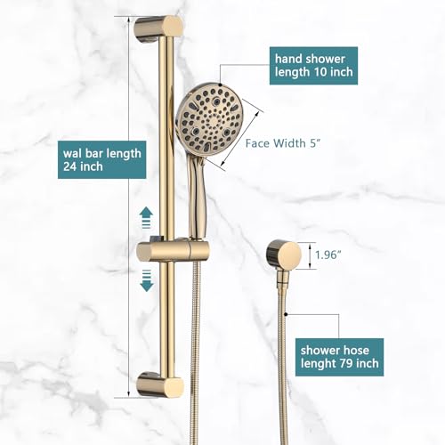 Hand Shower with Slide Bar, High Pressure 10 Setting Handheld Shower Head, Adjustable Height 24" Slide Bar, Wall Supply Elbow and 6.6ft Extra Long Shower Hose - Gold - color: Zirconium Gold