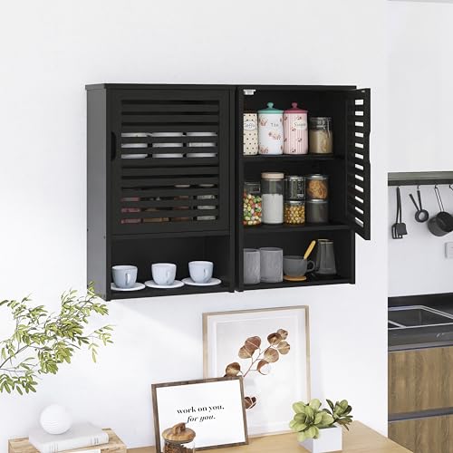 HITNET Bathroom Storage Cabinet Wall Mounted, Hanging Medicine Cabinet with Adjustable Shelf, Over the Toilet Space Saver Organizer, Black Bamboo Kitchen Cupboard, Single Door - color: Black