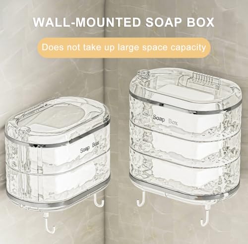 Soap Holder with Hooks, Rotating 3-Layer Soap Holder with Self Draining, Wall Mounted No Drilling Soap Dish for Shower, Kitchen, Bathroom - size: 3-layer