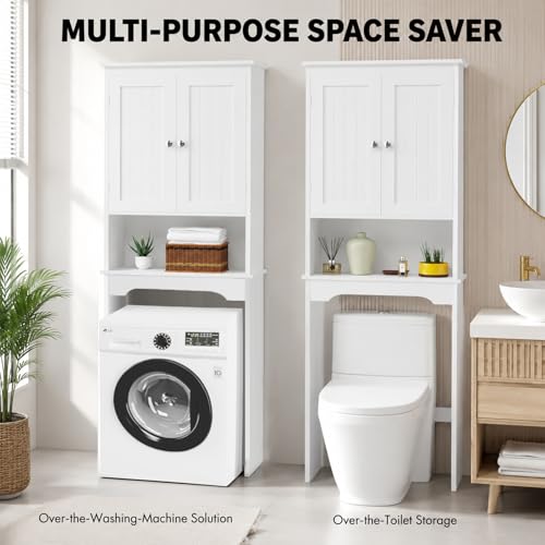 66" H White Bathroom Cabinet Over Toilet with Doors; Adjustable Shelf Bathroom Organizer Unit Featuring Freestanding MDF Wood Over the Toilet Cabinet Frame for Restroom (A) - color: A