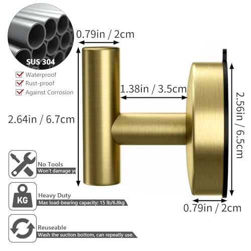 DGYB Large Suction Hooks for Bathrooms - Gold Towel Hooks Stainless Steel - 15 Lb Capacity - Removable, Heavy Duty - color: 4 Pack-Brushed Gold