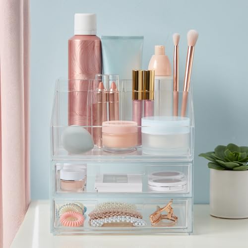 STORi Stackable Desk and Drawer Organizer, Clear Pen Pencil Makeup Brush Holder for Desktops and Vanities, 6 Compartment Caddy with 2 Wide Drawers (Made in USA) - style: Organizer & Drawer Set