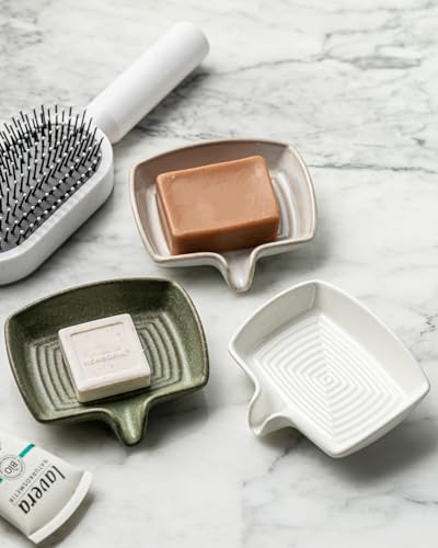 Zoeeker Self Draining Soap Dish, Ceramic Soap Holder with Waterfall Design | Shower Bar Soap Holder with Drainage Soap Saver for Shower, Bathroom, Sink, Kitchen and Countertop, Keep Dry, Beige White - color: Beige White, size: Rectangular