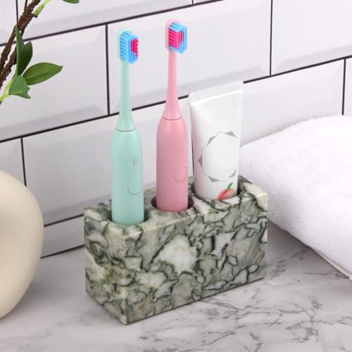 Natural Marble Toothbrush Holder, Green Emerald, 3 Slots | Large Bathroom Organizer Countertop, Ventilation Design, Stone Toothbrush and Toothpaste Stand, Non-Slip Silicone Pads - color: Green Emerald, size: 3 Slots