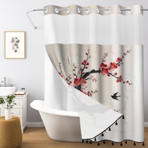 Plum Blossom Shower Curtain with Snap in Liner & Tassels, 71Wx77L | No Hook Needed, Double Layer Waterproof Fabric with Mesh Top, Flowering Tree Design for Minimalist & Zen Inspired Bathroom - color: Red Plum Blossom