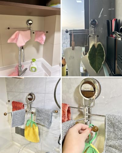 No-Drill Suction Cup Towel Bar 3 Arm 180° Rotating, Stainless Steel & Wood Knobs Suction Towel Bar, Wall Mounted Towel Rack for Bathroom Kitchen, Reusable
