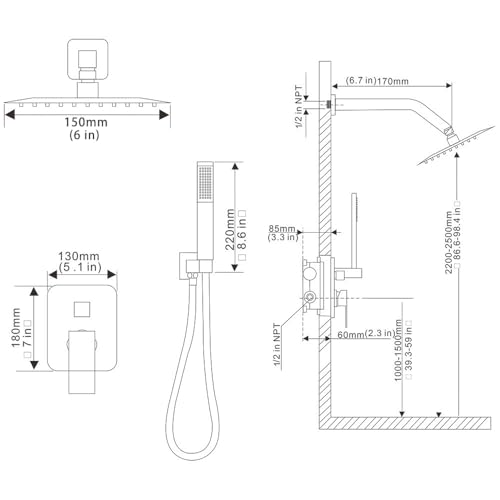 Shower System Brushed Nickel Bathroom Rainfall Shower Faucet Set Complete Wall Mounted 6 Inch Shower Head and Handle Set with Rough-in Valve Body and Trim Kit - color: Brushed Nickel, size: 6 Inch