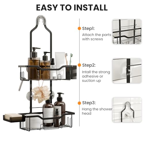Shower Caddy Hanging 2-Tier Shower Organizer for Tall Showerhead,Rustproof Over Shower Head Rack,No Drill Bathroom Shower Caddy with Soap Dish,Toothbrush Holder and Hooks, Black - color: Upgraded Black