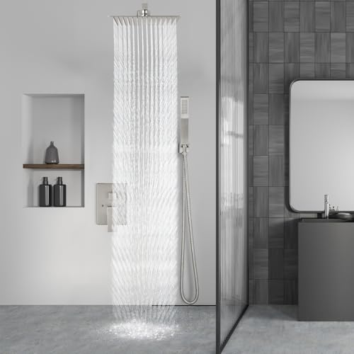 Aolemi Shower Faucet Set with Handheld Brushed Nickel 12 Inch Head | Pressure Balance Shower Valve and Trim Kit,SUS304 Rain Head and Handle System,All Metal,Wall Mount,Bathroom,Handheld Spray - color: Nickel, size: 12 Inch Wall Mount Shower Head