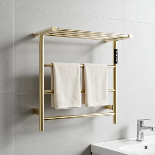 Towel Warmers for Bathroom, Stainless Steel Heated Towel Racks with Top Shelf, Wall Mounted Towel Heater with Intelligent Touch Screen Timer & Temperature Adjustment, Plug-in/Hard-Wired, Brushed Gold - color: Brushed Gold, size: 3-Bar with Top Shelf