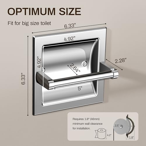 Recessed Toilet Paper Holder Polished Chrome, Pivoting Toilet Tissue Holder in Wall Made of SUS304 Stainless Steel, Space Saving Inset Tissue Roll Holder Wall Mount with Bracket - color: Polished Chrome