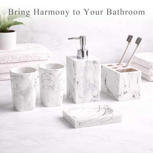 5 Piece Bathroom Accessories Set, Marble Resin Bathroom Vanity Set, Soap Dispenser, Toothbrush Holder, Soap Dish & 2 Tumblers, Bathroom Countertop Organizer Set (Ink White) - color: Ink White