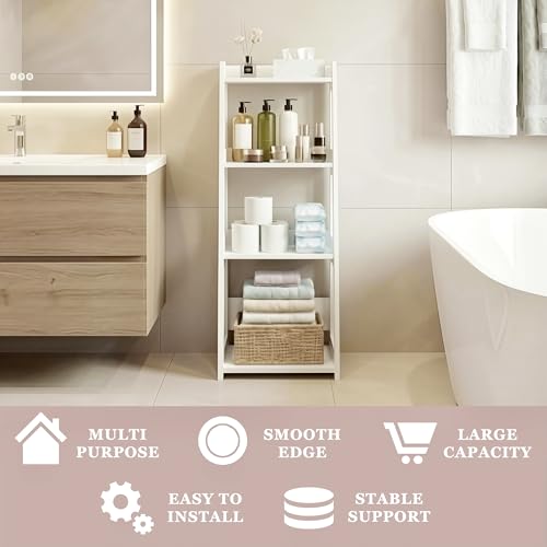 4-Tier Bathroom Ladder Shelf Freestanding, 12.6" W x 37" H | White Floor Shelves, Small Bookshelf, Nightstand, for Home Study, Laundry Room, Open Display Rack, 11.8" Deep - size: 11.0”D x 12.6”W x 37”H