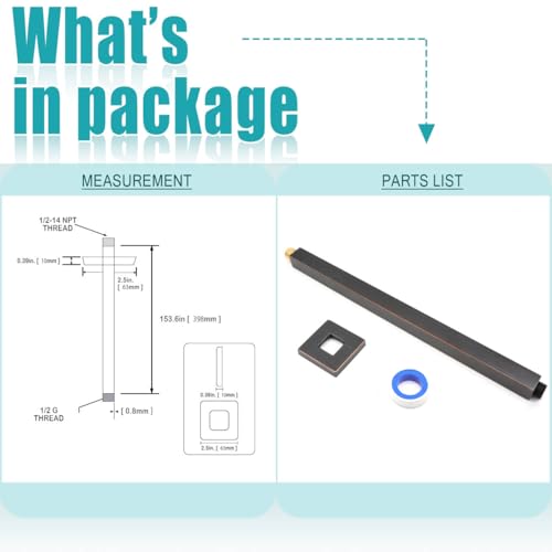 Oil Rubbed Bronze Shower Arm with Flange and Teflon Tape for High Ceiling Fixed Rain Showerhead, Universal Connection 16-inch Square Straight Shower Head Extender Extension Pipe, 304 Stainless Steel - color: Oil Rubbed Bronze, style: 16inch