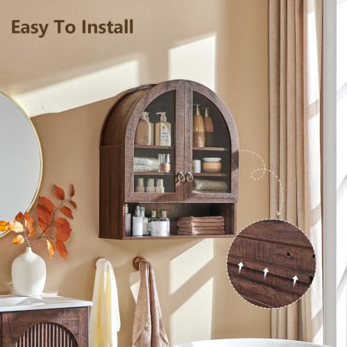 IFGET Bathroom Arched Wall Cabinet, 23.6'' Wide Medicine Cabinet with Adjustable Shelves & Glass Doors, Over The Toilet Storage Wall Mount Cabinet for Laundry Room, Kitchen & Living Room, Dark Walnut - color: Dark Walnut