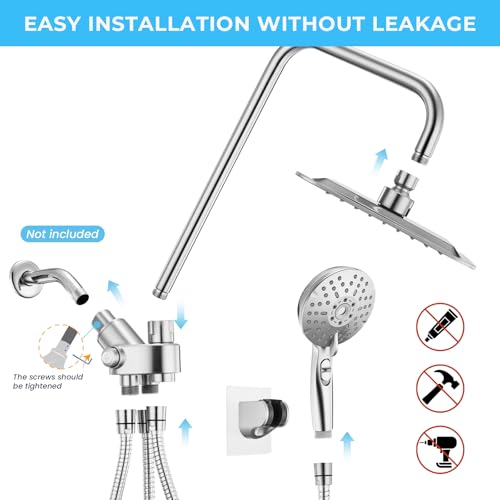 Dual Shower Head Combo, 8'' High Pressure Rain Shower Head with Handheld Spray, 6+1 Spray Settings Handheld Showerhead, Height Adjustable, One-touch Pause Button, Chrome Polished - color: Bright Silver