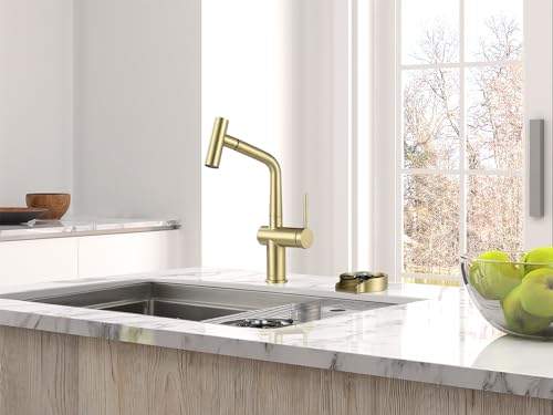 AS06CB Brushed Gold Softly Bar Faucet or Prep Kitchen Sink Faucet with Pull Down Sprayer and Single Handle - color: Brushed Gold Softly, style: Modern