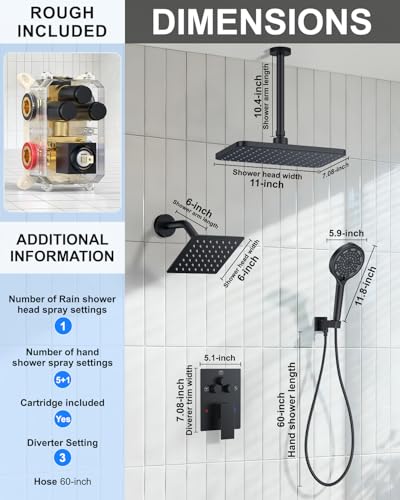 KOJOX Matte Black Dual Shower Head System – 11" Ceiling Rainfall + 6" Wall Mount Heads, 6-Mode Handheld Spray, Push-Button Diverter Faucet Set - color: Matte Black, size: 6''+11''