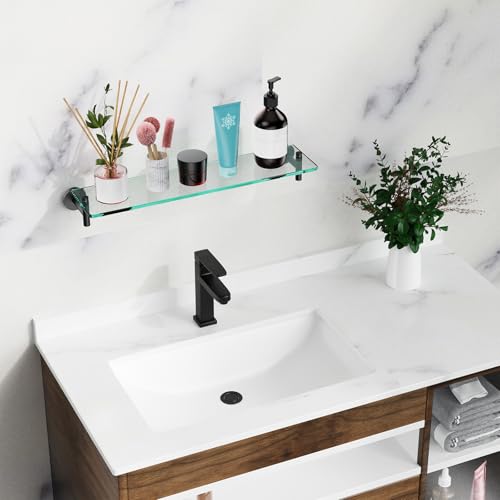 Glass Shelves for Bathroom,16-Inch Matte Black Floating Bathroom Shelf Stainless Steel Tempered Glass Shelf Modern Shelves wall Mounted - color: Matte Black, size: 16"without railing