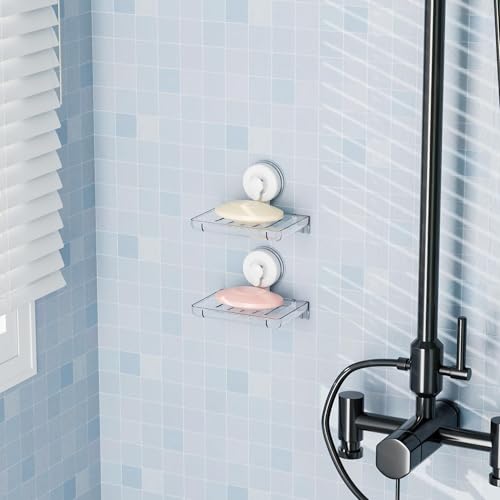 SUOXING 2 Pcs Soap Dish Holder for Shower Suction Cup Wall Mounted Self Draining NO-Drilling Removable Sponge & Bar Soap Holder,Shower Soap Rack & Shelf for Bathroom Bathtub Kitchen Sink,Plastic,Clear - color: Clear