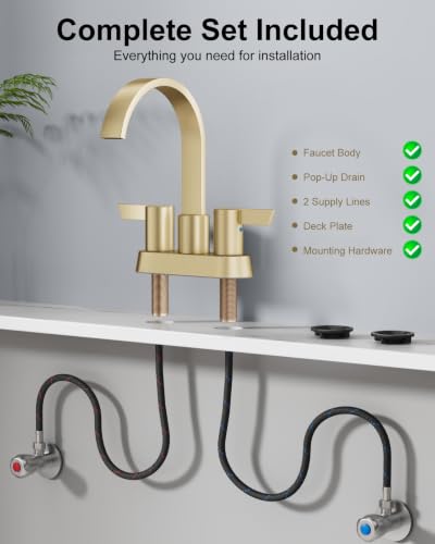 Brushed Gold Bathroom Faucet,4 Inch Centerset 2-Handle Waterfall | Includes Pop-Up Drain,24-Inch Supply Lines,Mounting Hardware,SUS304 Stainless Steel Construction,And A 360° Swivel Spout - color: Brushed Gold