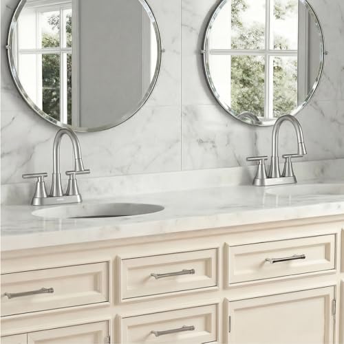 Centerset Bathroom Faucet with Pull Out Sprayer, 4 Inch 2 Handle Sink Faucet with Pop Up Drain, Stainless Steel Vanity Faucet with 2 Supply Hoses, Brushed Nickel - color: Brushed Nickel, size: 4 IN
