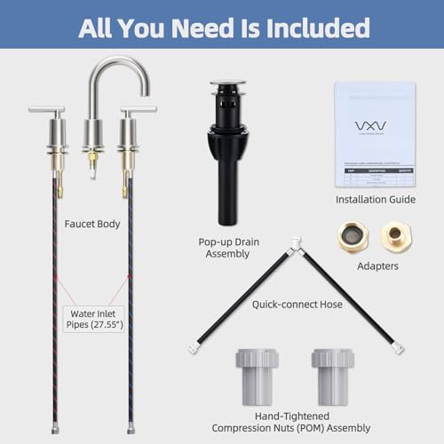VXV Brushed Nickel Bathroom Faucet 3 Hole Widespread with Easy Installation, 2-Handle 8 Inch Bathroom Sink Faucet 360° Swivel Spout, Pre-Attached Hoses & Drain Included, Vanity Faucet for Bath Sink - color: Sleek Brushed Nickel