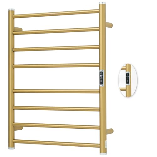 Electric Towel Warmer Rack,Heating Towel Warmer,Timer & Temperature Control,Wall-Mounted Plug-in for Bathroom,Gold,Stainless Steel,8-Bar(27.56x20.87x4.41in) - color: Round-matte Gold With Brushed Top, size: 8 Bars